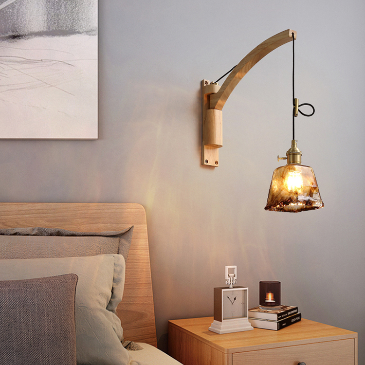 Log wall lamp simple telescopic folding living room bedroom bedside rotary rocker dining room ceramic glass wall lamp