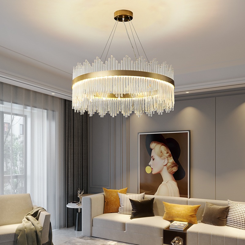 Hotel Decor Metal Stick Round Pendant Lamp Stainless Steel Crystal Chandelier