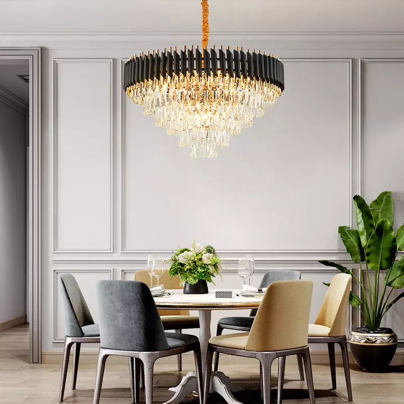 Nordic Modern K9 Crystal Chandelier Round Indoor Luxury Pendant Light Black Gold LED Hanging Lights Home