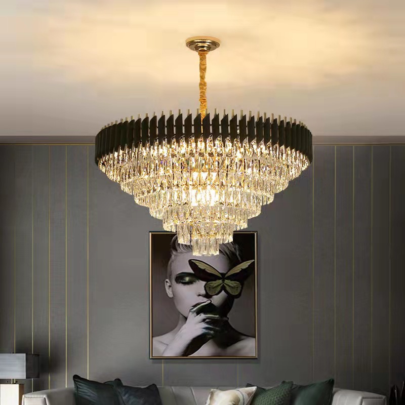 Nordic Modern K9 Crystal Chandelier Round Indoor Luxury Pendant Light Black Gold LED Hanging Lights Home