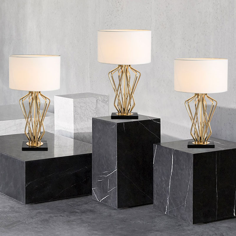 Home decor modern luxury bedside fabric shade golden metal table lamps for living room