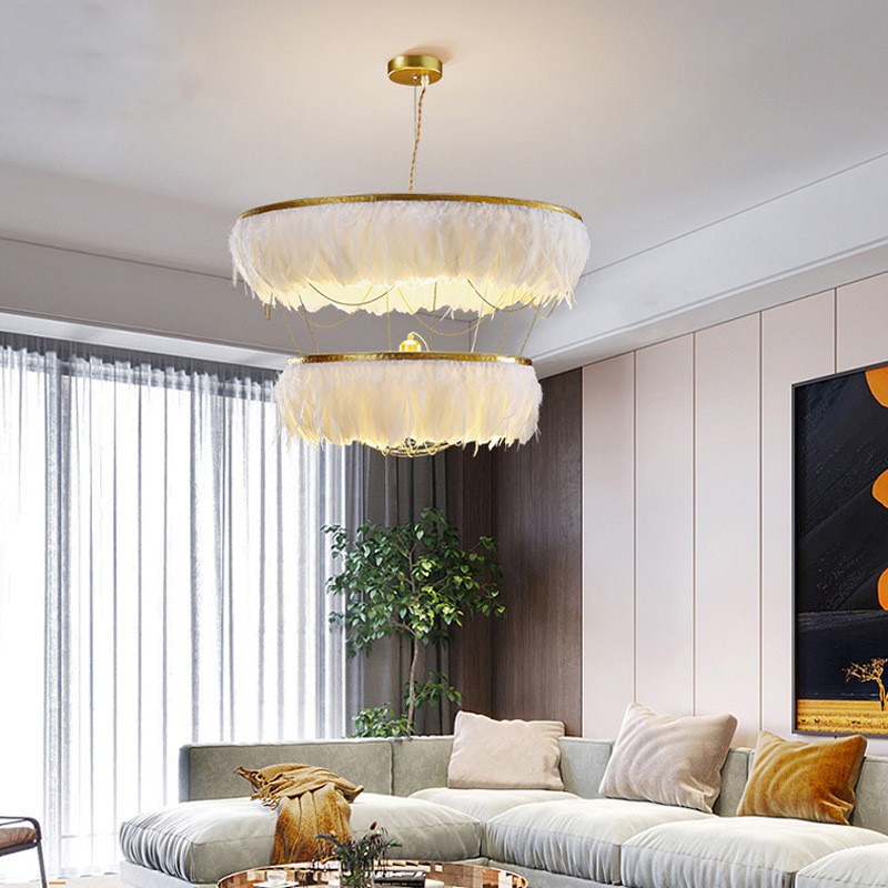 Wholesale Price Modern Golden Finish White Feather Decorative Hanging Pendant Light For Villa Project