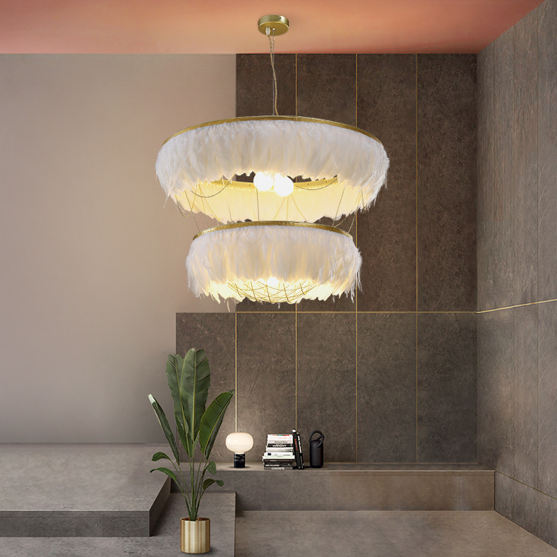 Wholesale Price Modern Golden Finish White Feather Decorative Hanging Pendant Light For Villa Project