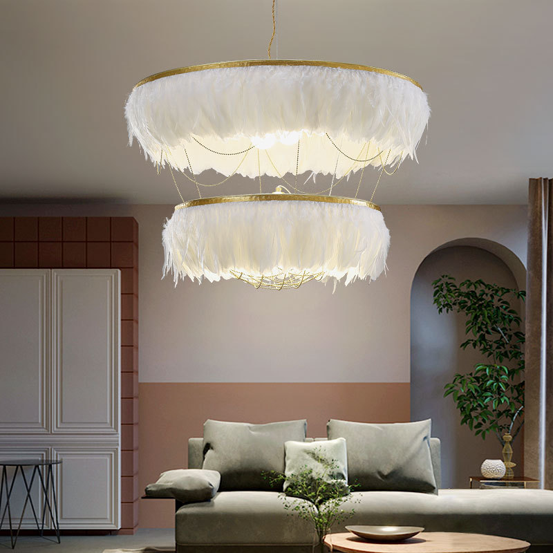 Wholesale Price Modern Golden Finish White Feather Decorative Hanging Pendant Light For Villa Project