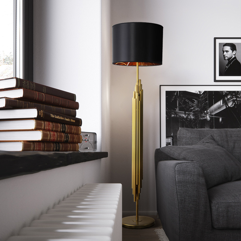 Contemporary Popular Modern Golden Finished Aluminum Black Fabric Shade Standing Floor Lamp